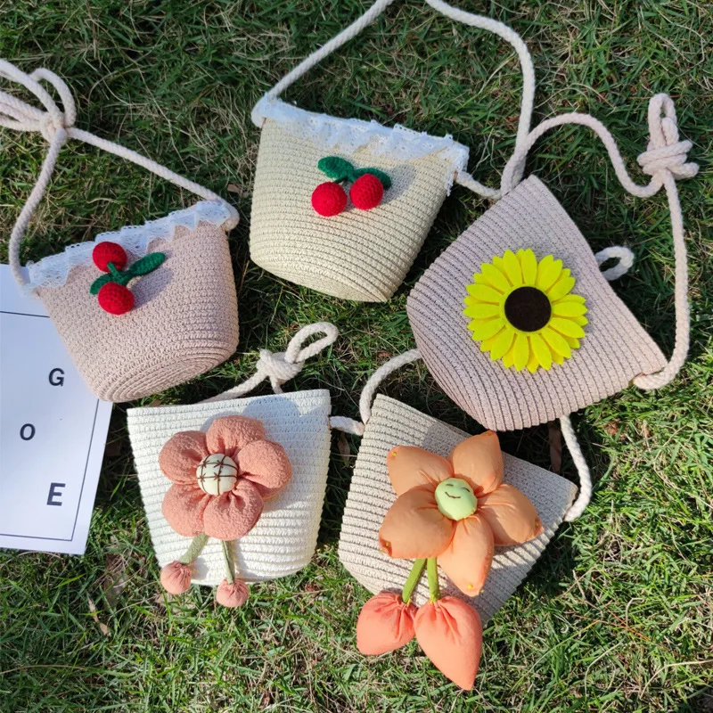 Summer Hand-woven Straw DIY Small Bags Wholesale Children's Mini Cute Flowers Kids Crossbody Bag Children's Day Gifts