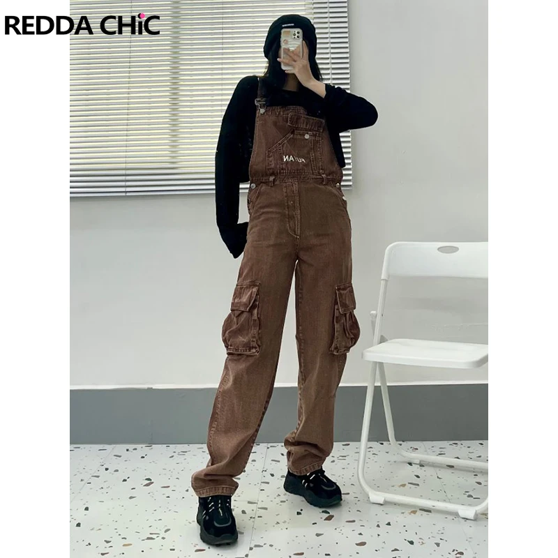 

Женский коричневый комбинезон ReddaChic, джинсовый комбинезон без рукавов для работы, женский комбинезон 2022, комбинезоны с карманами с откидной крышкой, женский комбинезон
