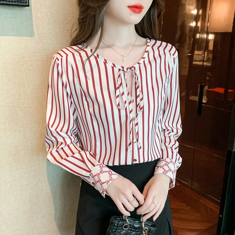 

2023 New Poplin Autumn Women's Blouse Casual Fashion Simplicity Tops Stripe Long Sleeve Bow Tie Shirt