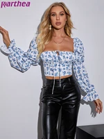 parthea off shoulder floral blouses puff sleeve lace up backless square neck print cropped shirts women prairie chic slim blusas