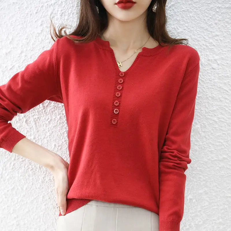 

2023 Women's Spring Autumn Fashion Loose V-neck Pullovers Female Button Long Sleeve Knitted Tops Ladies Solid Sweater Tops S202