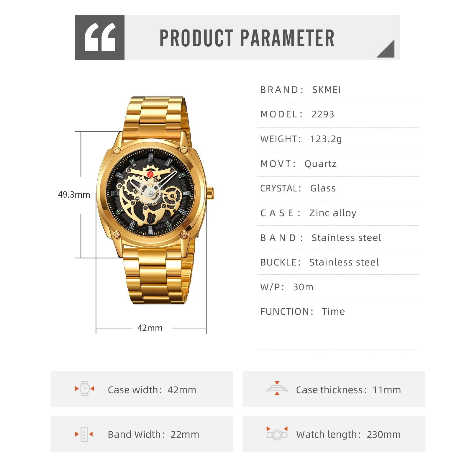 Мужские часы с циферблатом SKMEI 2293 водонепроницаемые кварцевые стальной полосой