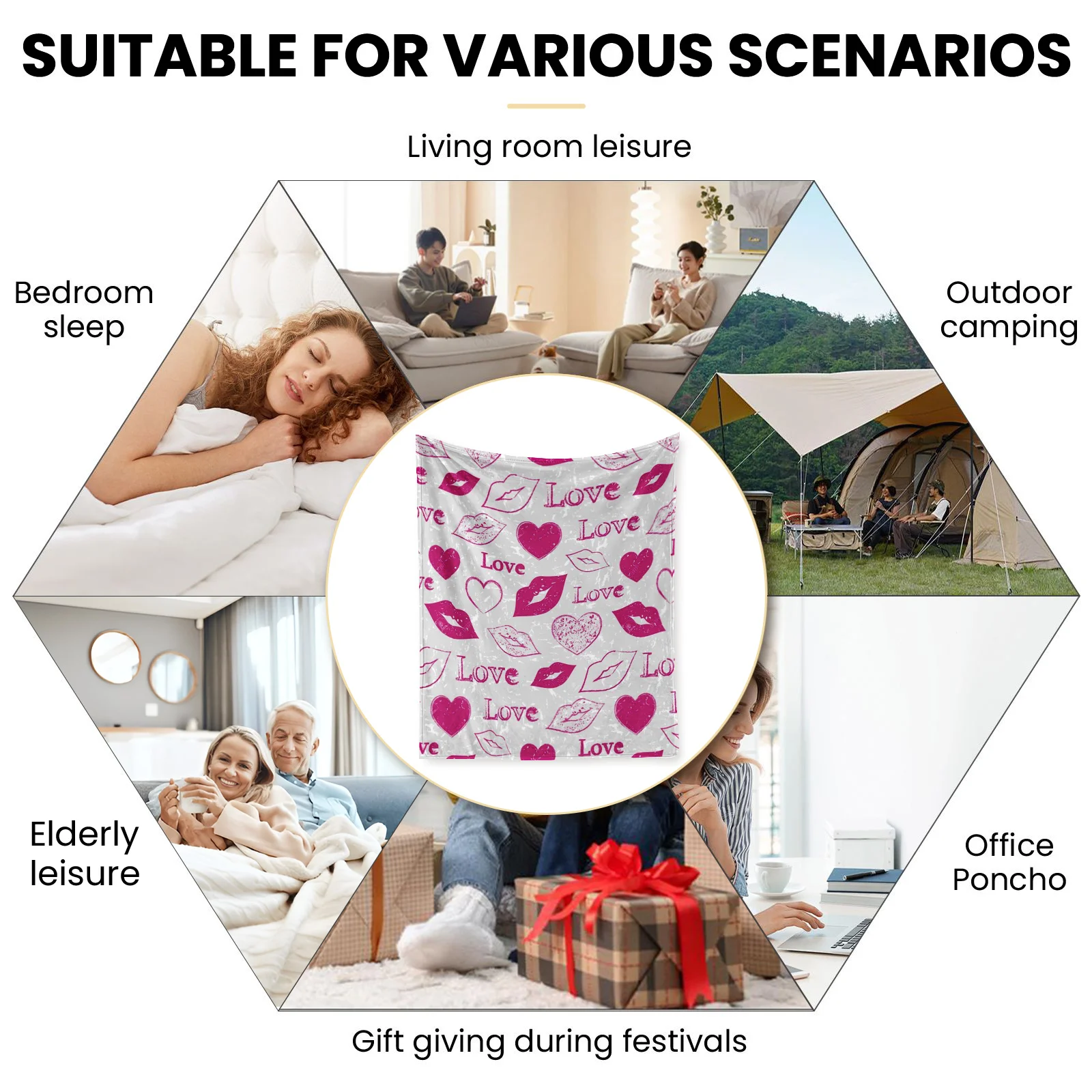 Элегантное одеяло с принтом губ цвета фуксии белого узорами в виде сердечек для