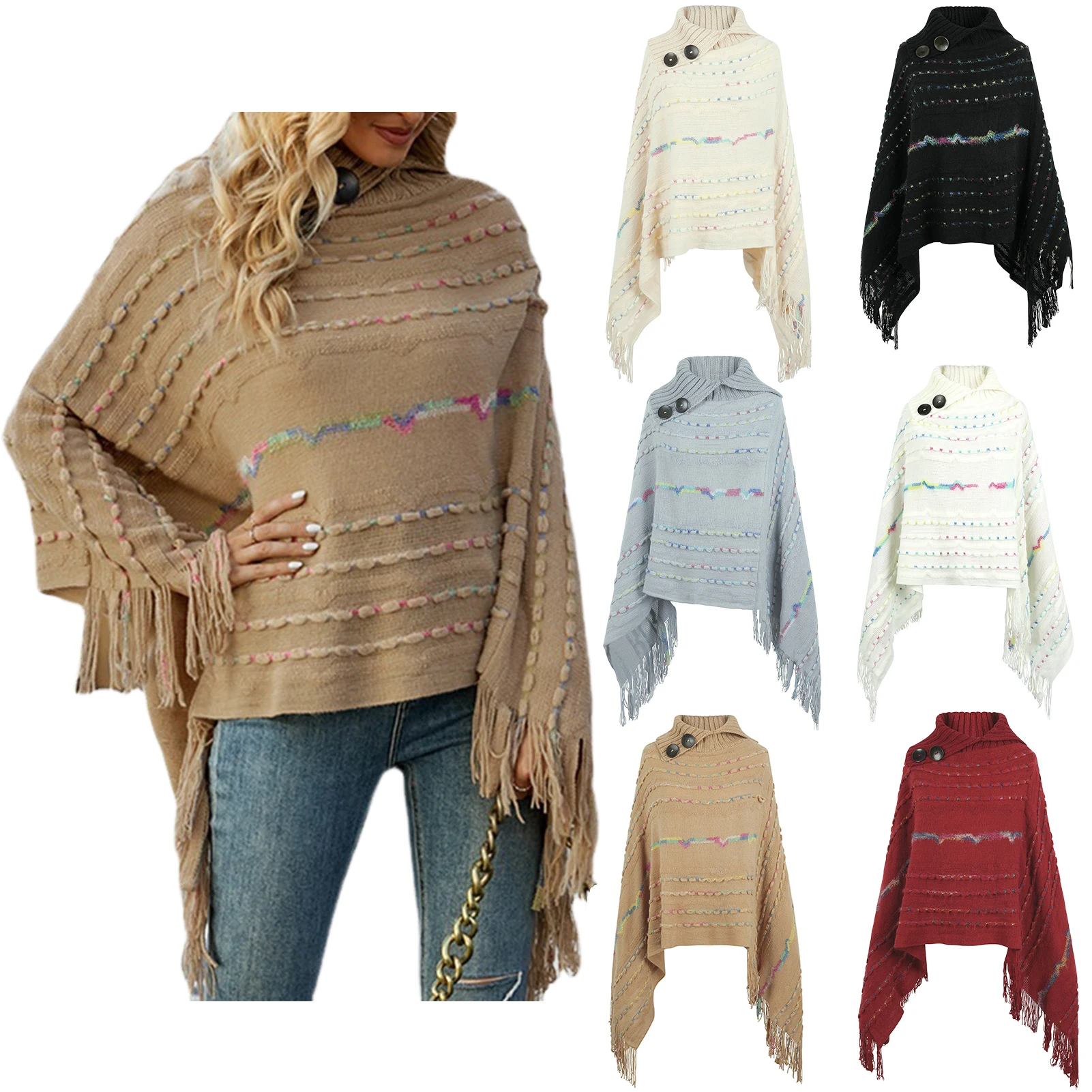 

Women Winter Sweater Solid Color Crochet Cape Knitted Coats & Jacket Button Turn Down Collar Ponchos Tassel Autumn Outwear