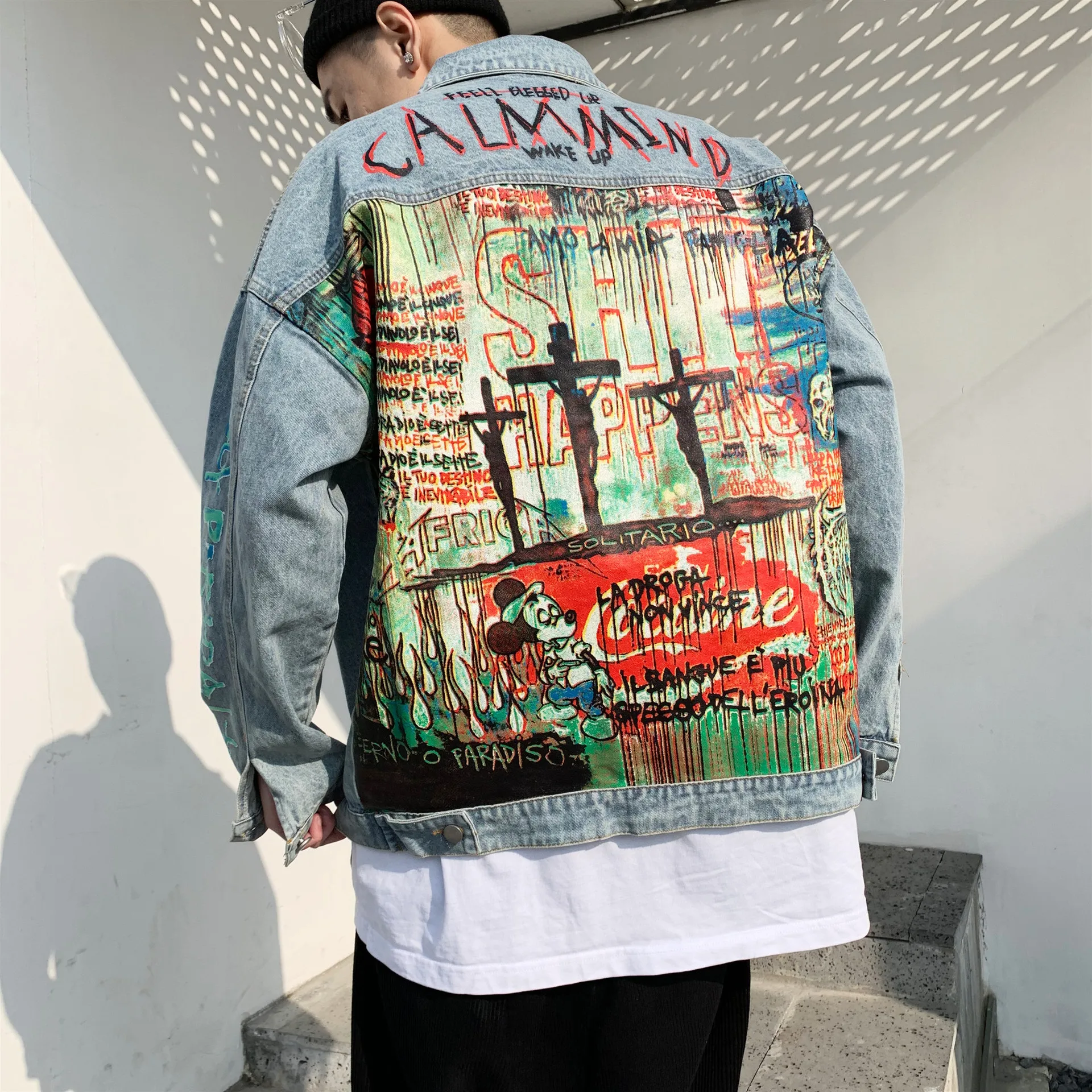 

Men's autumn new street personality trendy graffiti print pattern hole lapel single-breasted denim jacket couple models