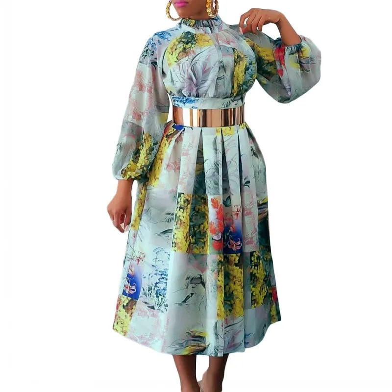 

African Dresses For Women Traditional With Belt Empire Gown 2022 Fashion Dashiki Print Elegant Chic Robes African Dress Vestidos