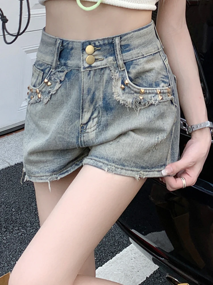 Retro Vintage Vintage Denim Shorts With Frayed Edges A-Line Hot Pants 2023 Summer New Fashion Women'S Clothing