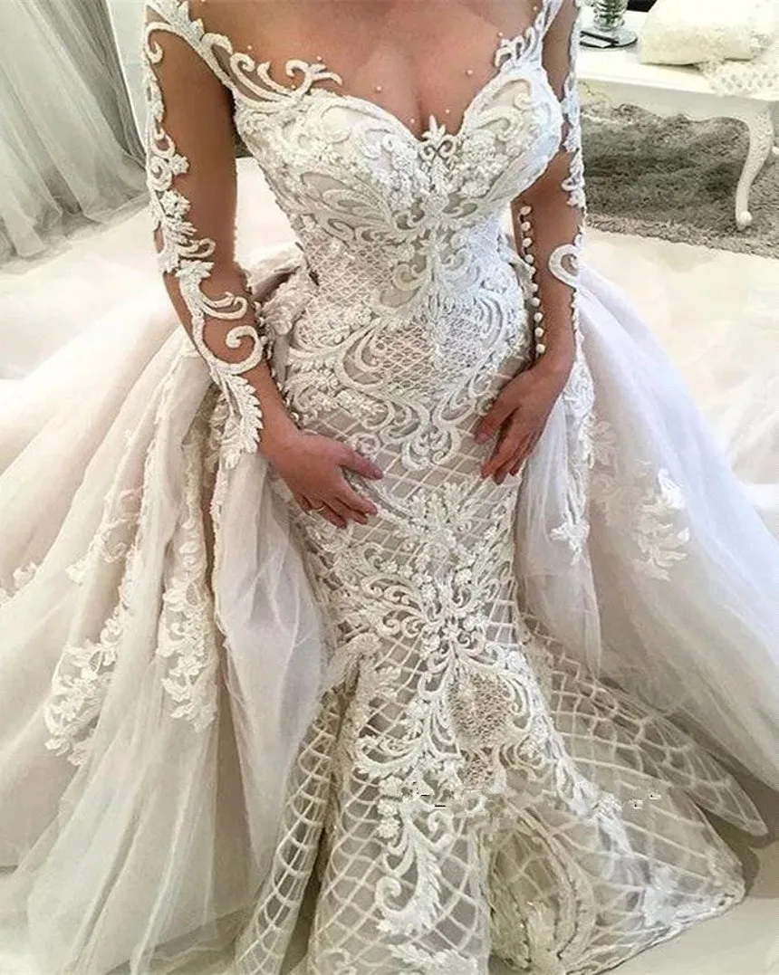 

Sheer Long Sleeves Lace Mermaid Wedding Dresses Tulle Applique Beaded Sweep Train Arabic Bridal Gowns Vestidos De Novia
