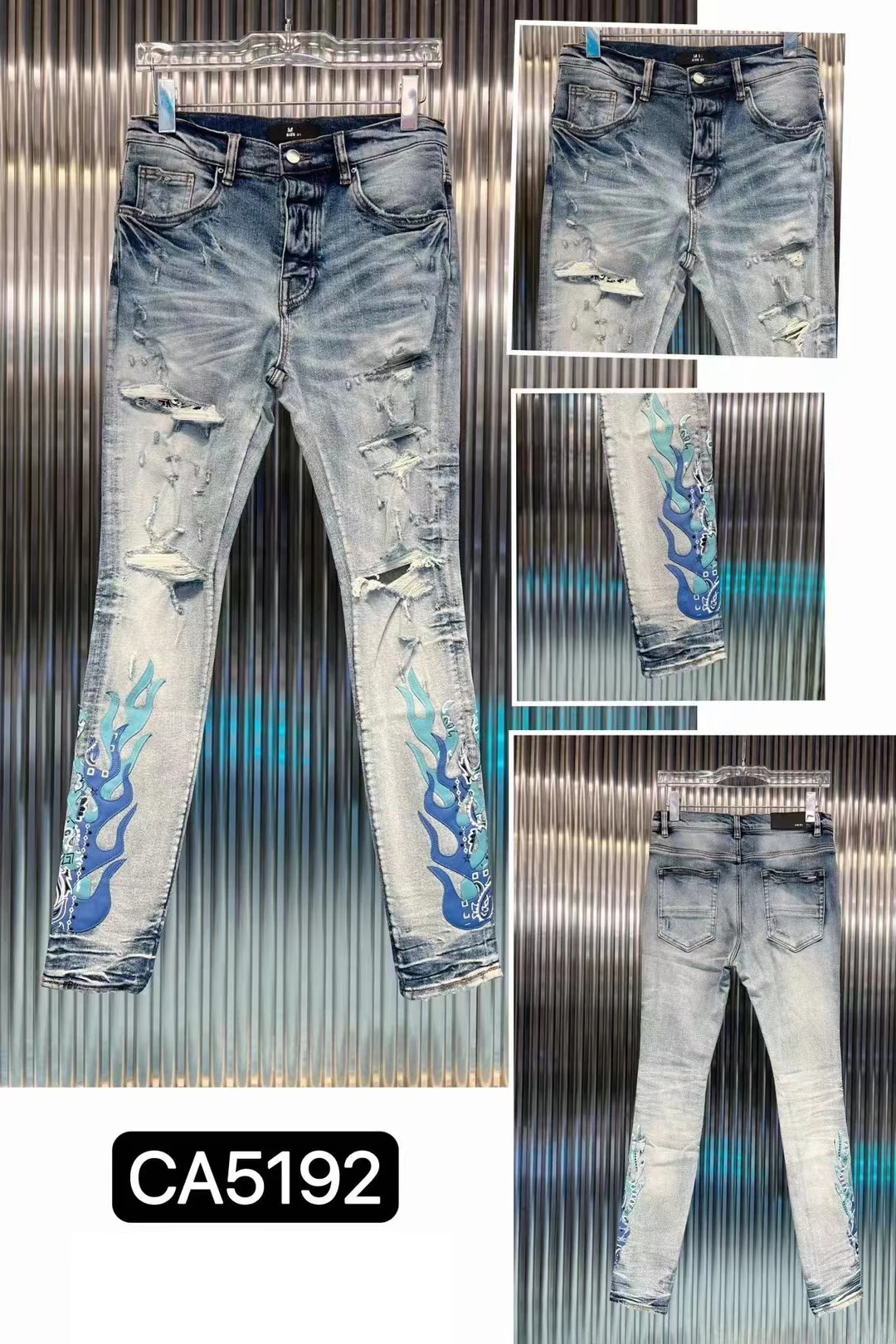 

New 2022 Fashion Men's Ripped Jeans Blue Flame Personality Print Slim Pants Holes Patched Men's Jeans High Street Jeans For Men