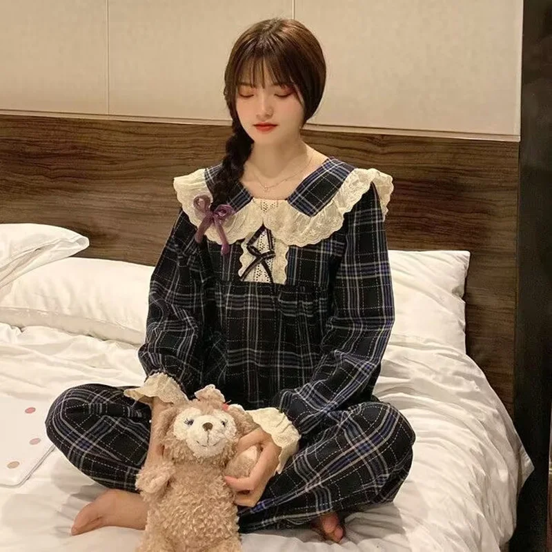 Lace Bow Pajamas Set Full Sleeve T-shirt Long Pants 2Piece/Set Sexy Soft Princess Pyjama Big Size Homewear Cozy Plus Sleepwear