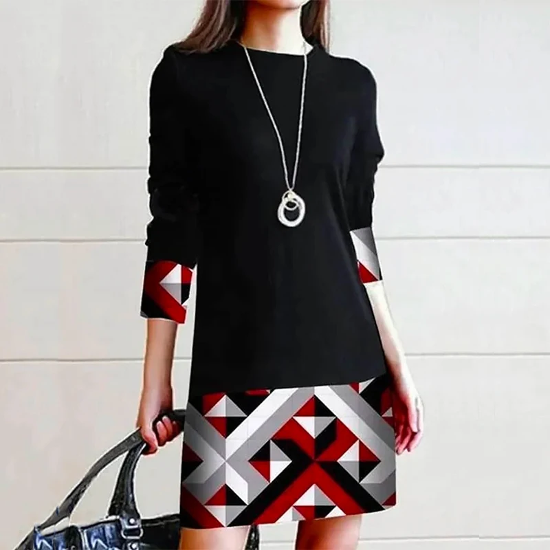 

Прямое вечернее платье с круглым вырезом, женское офисное платье в стиле ретро с геометрическим принтом в стиле пэчворк, осенние женские ми...