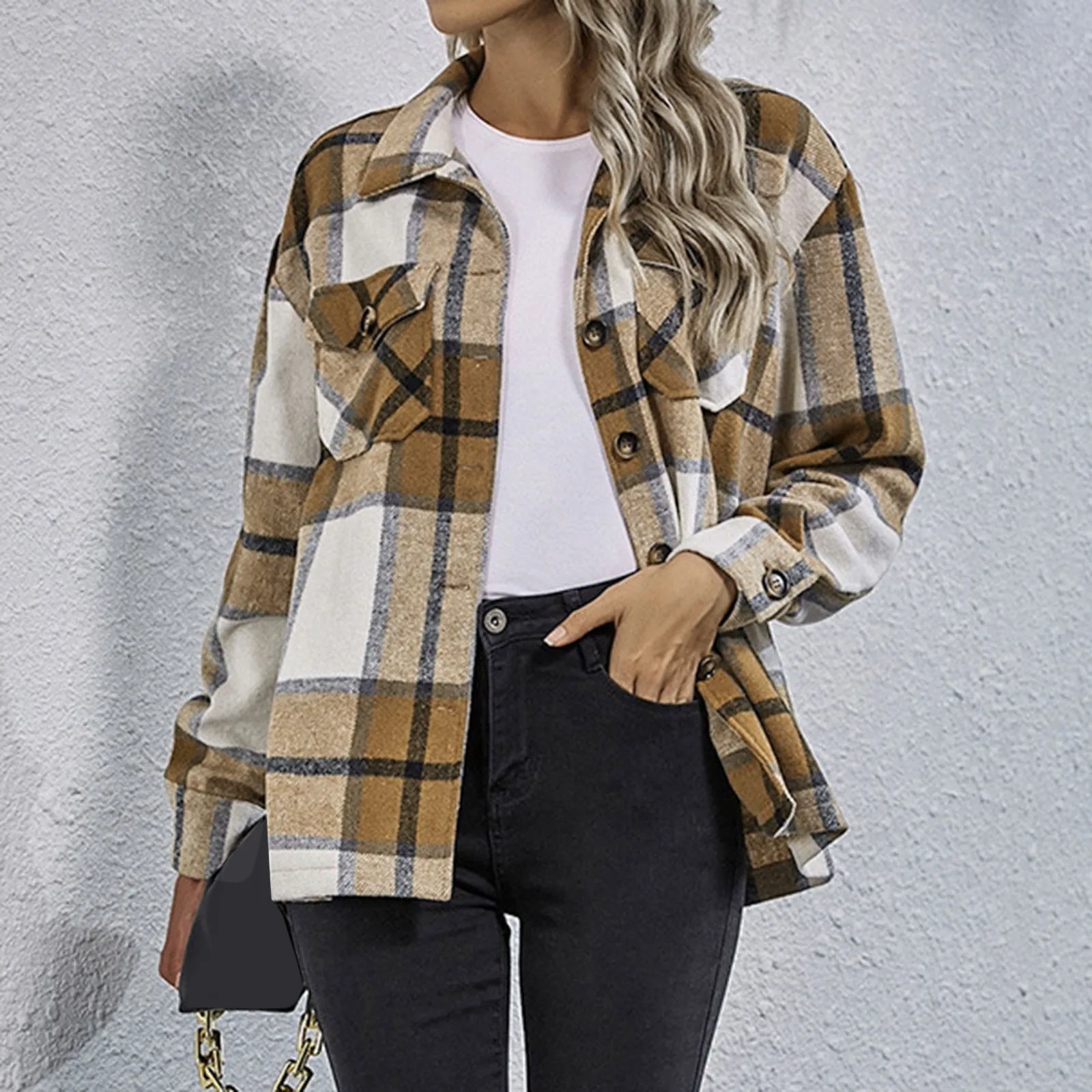 

Full Coats for Women Womens Fashion Autumn And Winter Woolen Lapel Shirt Loose Plaid Jacket Women Casual Long Jacket