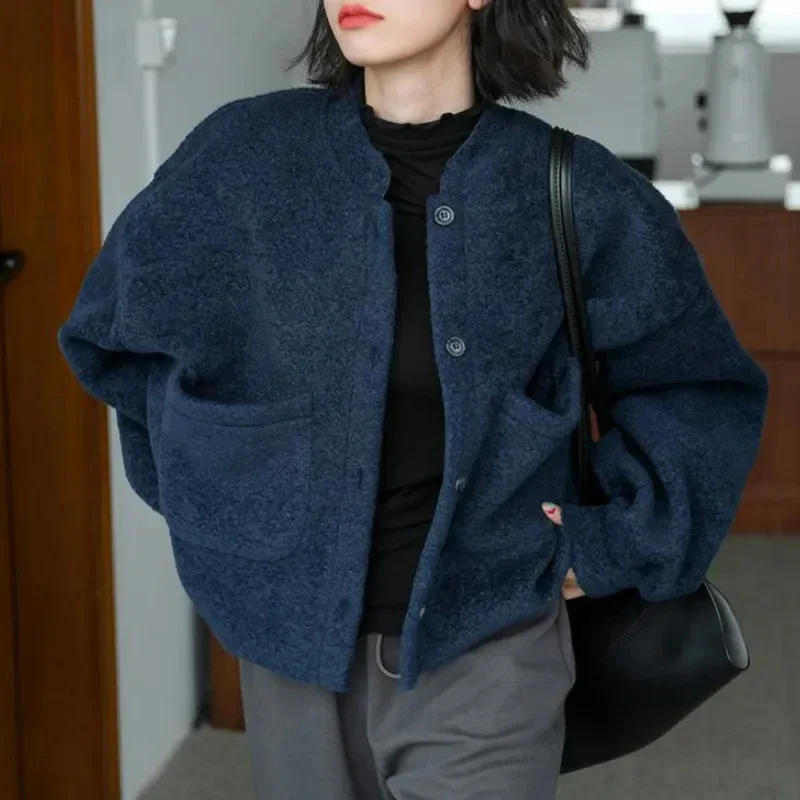 

Basic Fleece Jackets Women Korean Solid Woolen Coat Autumn Winter Vintage Streetwear Pockets Loose Casual Warm Outerwear