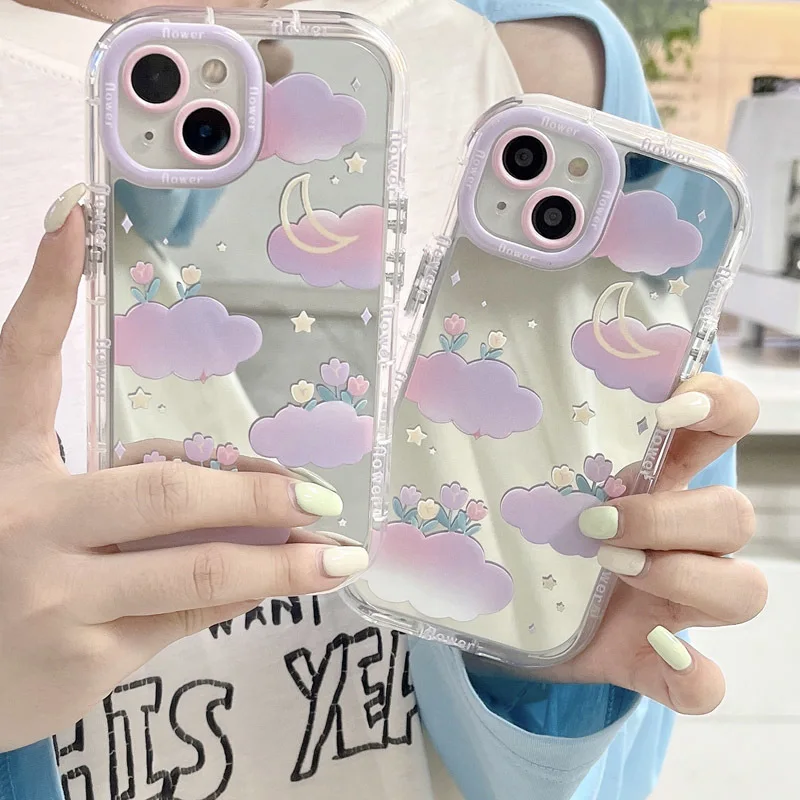 

Ins Purple Moon Cloud Mirror Case For iphone 11 12 13 14 Pro Max Soft Cover 12Pro 13Pro 14Pro Coque Full Airbag Anti-fall Funda