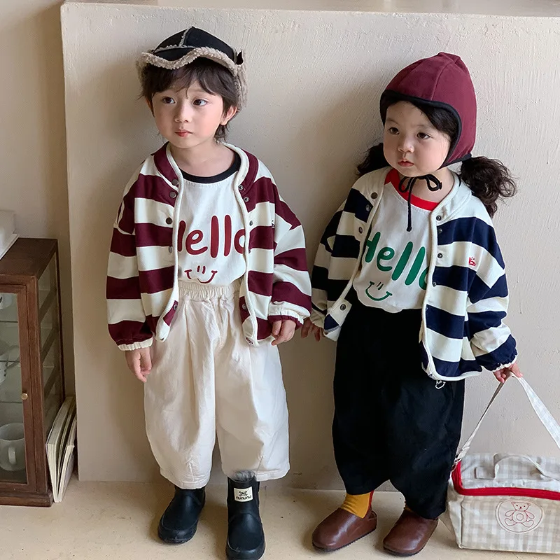 

2023 Autumn New Children Striped Casual Coat Baby Boys Girls Long Sleeve Knit Sweater Kids Cartoon Embroidery Cardigan Jacket