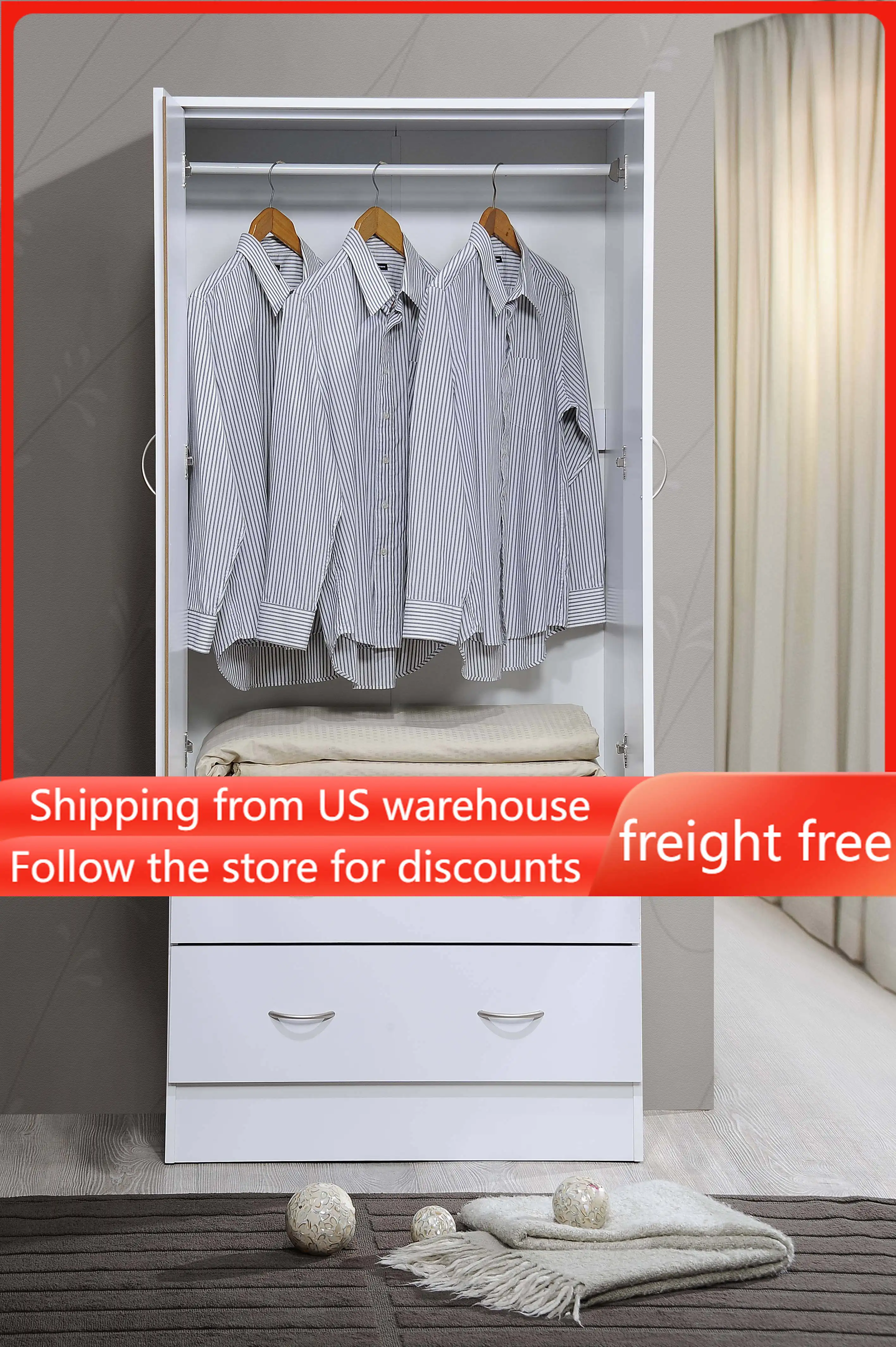 

Two Door Wardrobe With Two Drawers and Hanging Rod Closet Organizer Free Shipping Organizers for Wardrobe Clothes Rack Racks