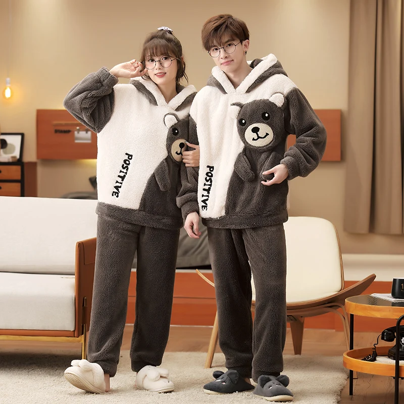 2PCS Couple Pajamas Set Women Men Winter Plush Soft Thicken Pyjamas Sleepwear  Cartoon Bear Korean Cute Lovers Homewear Pyjamas