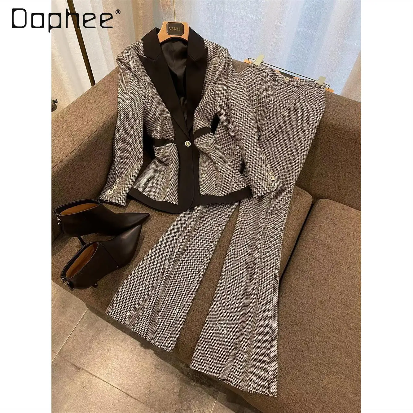 2022 Spring New Sequin Color Matching Business Suits Coat Elegant Ladies Temperament High-Waisted Boot-Cut Pants Suit for Women