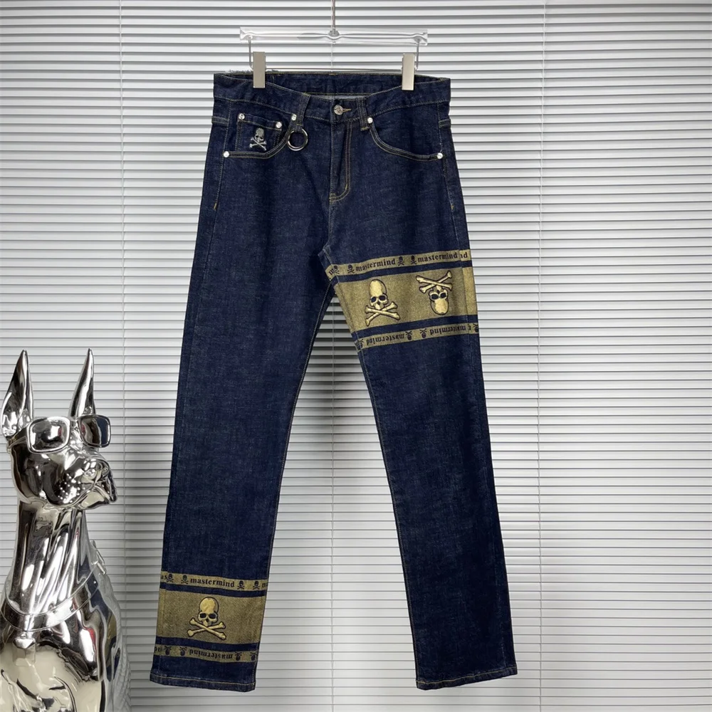 

Mastermind MMJ 2023 New Skull Print Wash Straight Leg Jeans for Men and Women