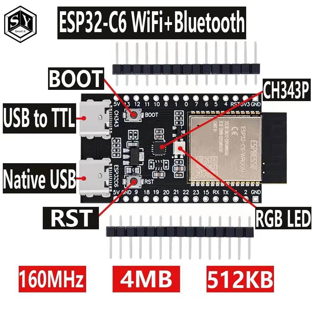 ESP32 / ESP32-C6 WiFi + Bluetooth Интернет вещей Двойная плата разработки Type-C Основная ESP32-C6-DevKit