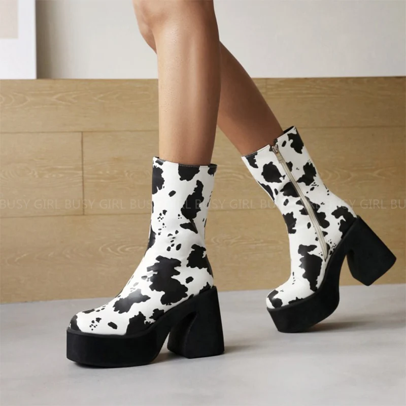 Square toe black thick waterproof high-heeled women's leather ankle boots a new style of calf boots