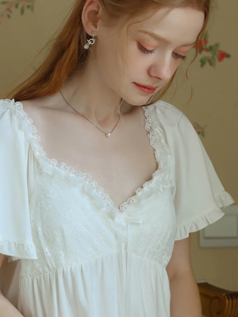 Women Summer Cotton Pajamas Nightdress French Fairy Short Sleeve V-neck Sweet Ruffles Princess Vintage Loose Victorian Sleepwear