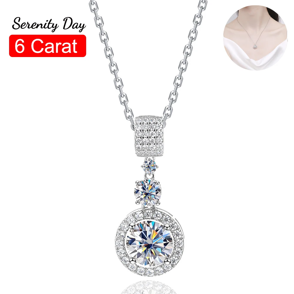 Serenity Day S925 Silver Plated 18K Jewelry 6ct Moissanite Necklace D Color VVS1 Pendant Sweater Collarbone Chain For Women Gift