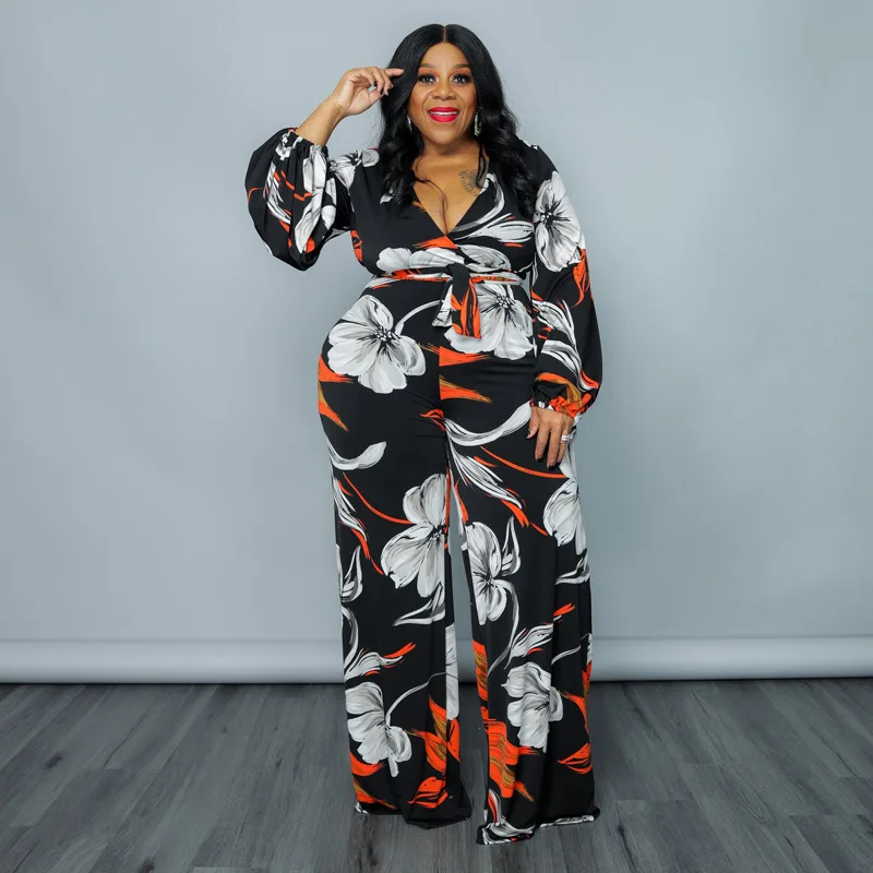 African Clothes Women 2022 Spring Autumn African Women Long Sleeve V-neck Printing Polyester Plus Size Long Jumpsuit XL-5XL