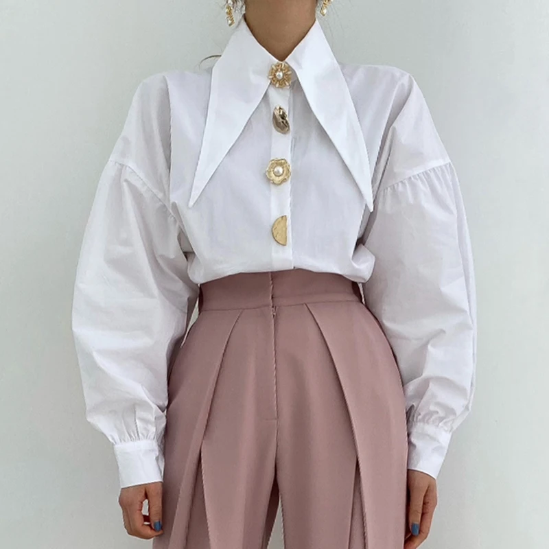 

White Casual Shirts For Women Lapel Long Sleeve Single Breasted Patchwork Solid Blouses Females Spring Clothing 2022 New
