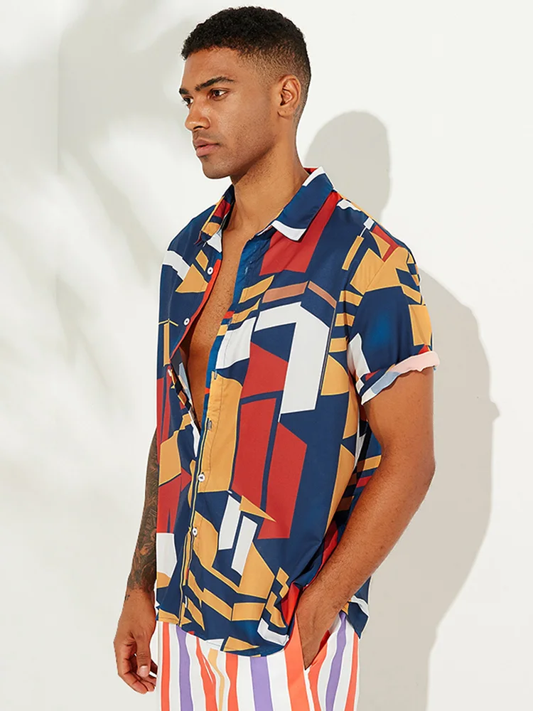 ChArmkpR 2022 Men Summer Shirts Hit Color Printed Turn Down Collar Short Sleeve Loose Shirts Beach Tops Tee Camisas Casaul Top