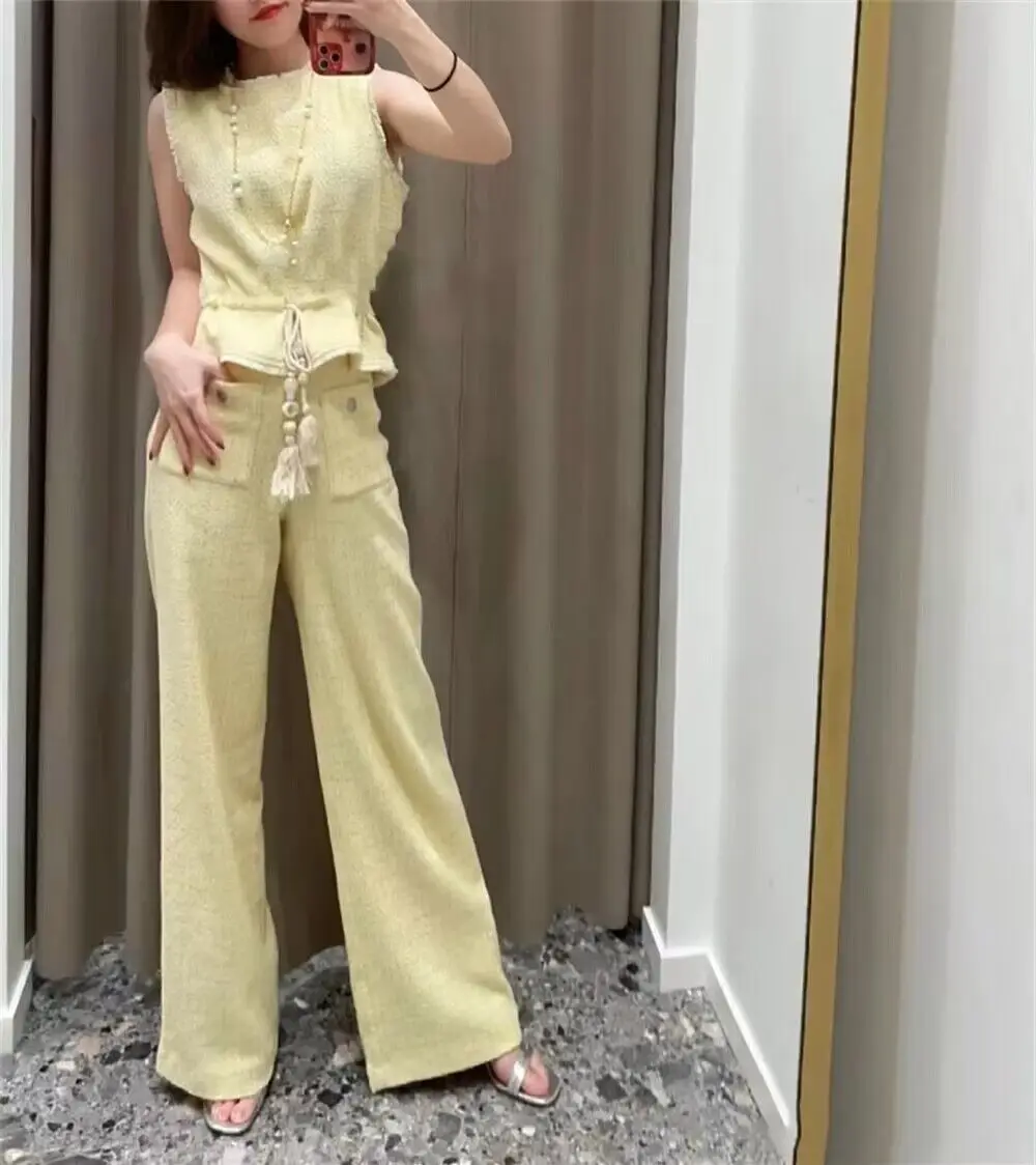 

2023 New Women Solid Color Knitted Set Lady Single Breasted Jacket Slim Long Sleeve O-Neck Vest and High Waist Straight Trousers