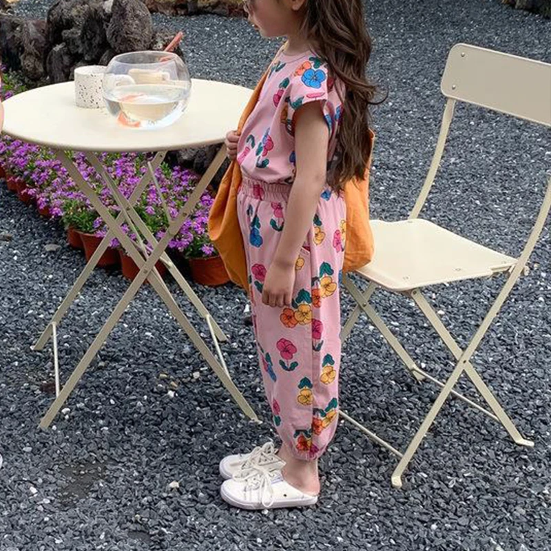 Freely Move Boy Girl Pajama Set Floral Print Short Sleeve Underwear Elastic Waist Pants Outfits for Kids Clothes Spring Summer