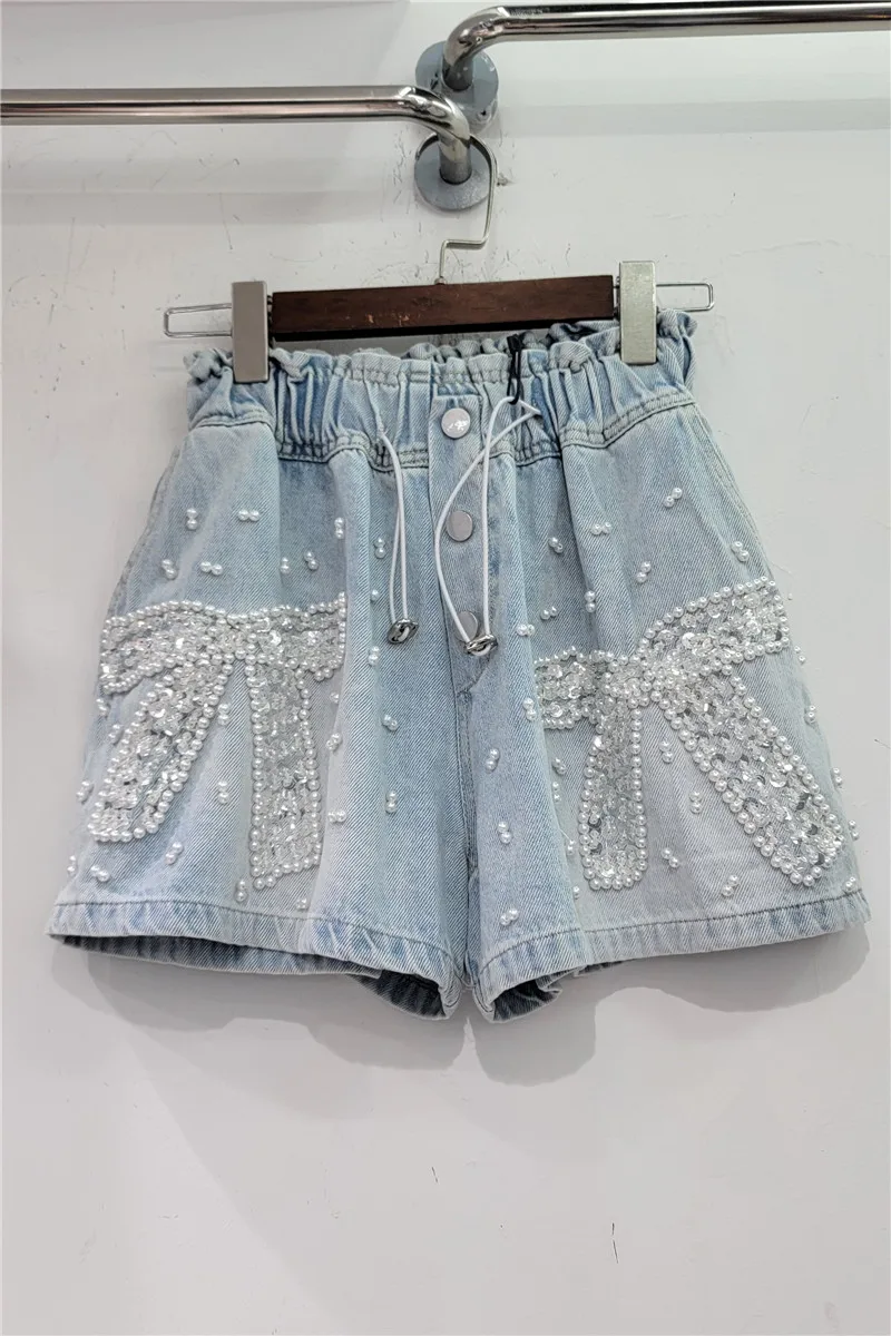 European Station 2023 Summer New Heavy Handmade Beaded Bowknot High Waist Loose Short Jeans Slimming Wide-Leg Denim Shorts