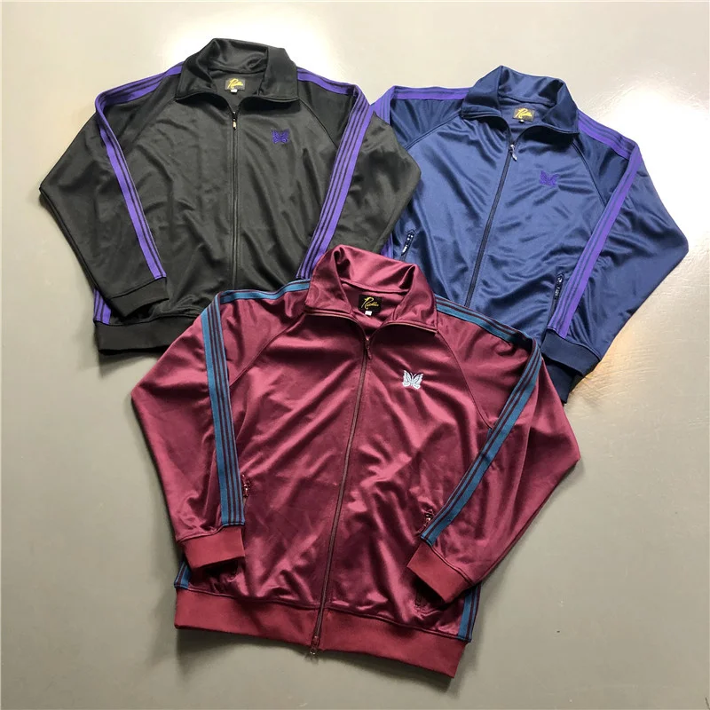 

Men Women Jackets Needles AWGE Jacket 19aw TRACK POLY SMOOTH Butterfly Embroidered Needles AWGE Coat Ribbon Design