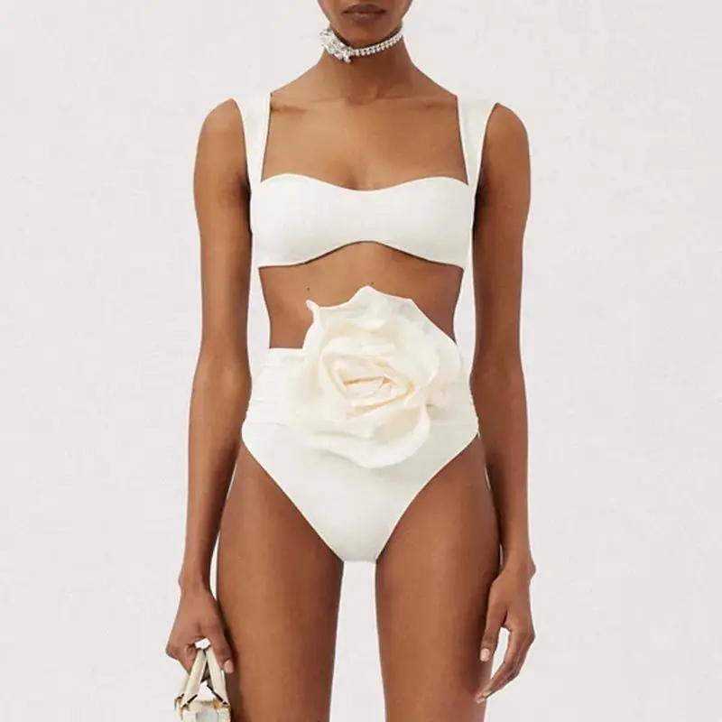 

Женский цветочный комплект бикини с высокой талией, купальник пуш-ап, купальный костюм из двух предметов, пляжная одежда с 3D цветами и открытой спиной, 2023