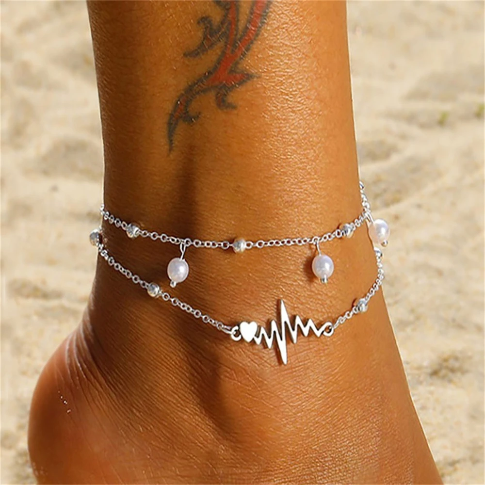 Fashion Bohemian Wave Anklets Bracelet For Women Simulation Pearl Heart Beads Leg Chain Two Layers Beach Summer Foot Jewelry