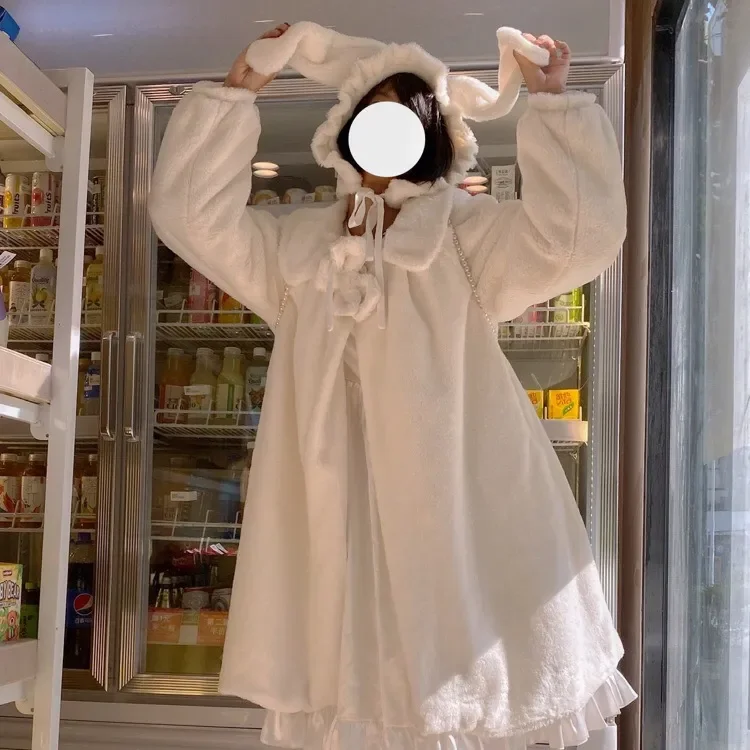 2023 Winter Japanese Lolita Coat WomenKawaii Faux Rabbit Furry Cute Padded Warm Fake Fur Coat Soft Sister Cute Plush Shawl Over