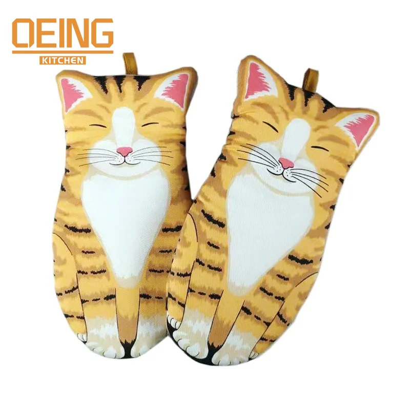 Cute Cat Paws Oven Mitts Long Cotton Baking Insulation Microwave Animal Heat Resistant Non-slip Gloves Kitchen Gloves Cooking
