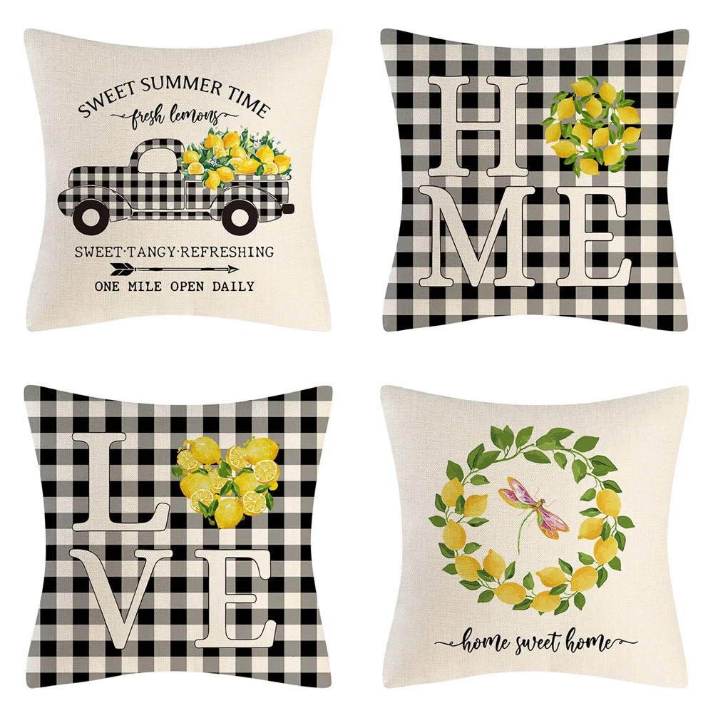 

New Summer Lemon Plaid Pillowcase Truck Home Love Proverbs Linen Decorative Pillow Digital Printing Pillows Nordic