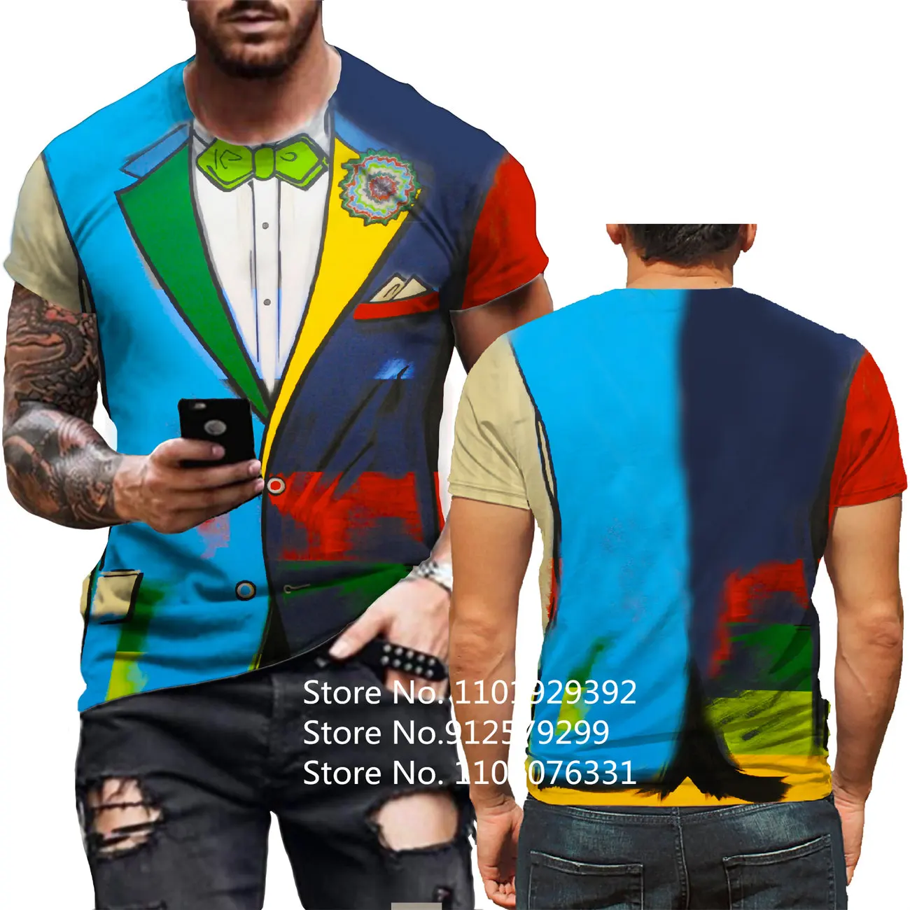 

Fashion Business Style Fake Two Piece 3D T-Shirt Funny Printed Men's Tops Tees Tuxedo Bow Tie Funny Cosplay Fake Suit Tshirt