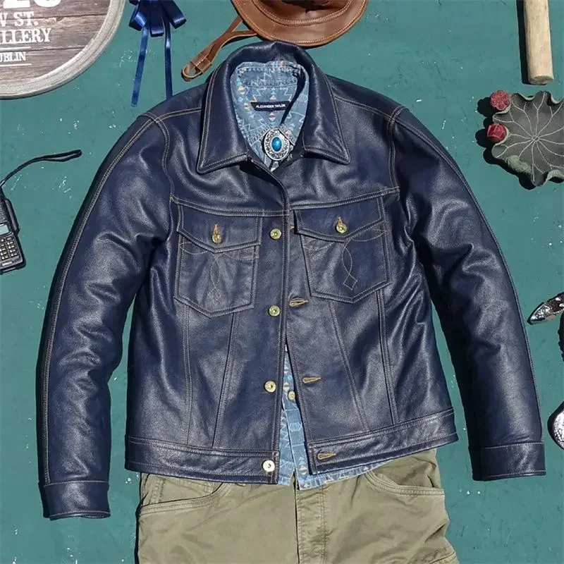 Куртка мужская короткая из натуральной кожи куртка-бомбер воловьей в винтажном