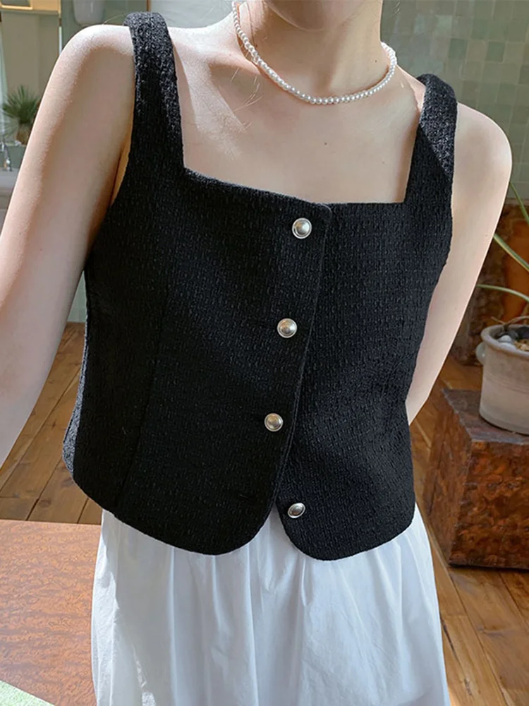 

Sweet Women Chic Metal Button Tweed Short Vest Fashion Green Sleeveless Jacket Top 2023 Summer New Tide Square Neck Tops Y147