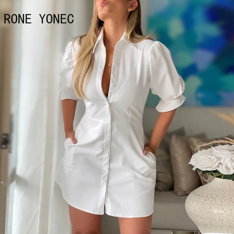 

Women Casual Solid Half Lantern Sleeves Button Pocket White Shirt Dress