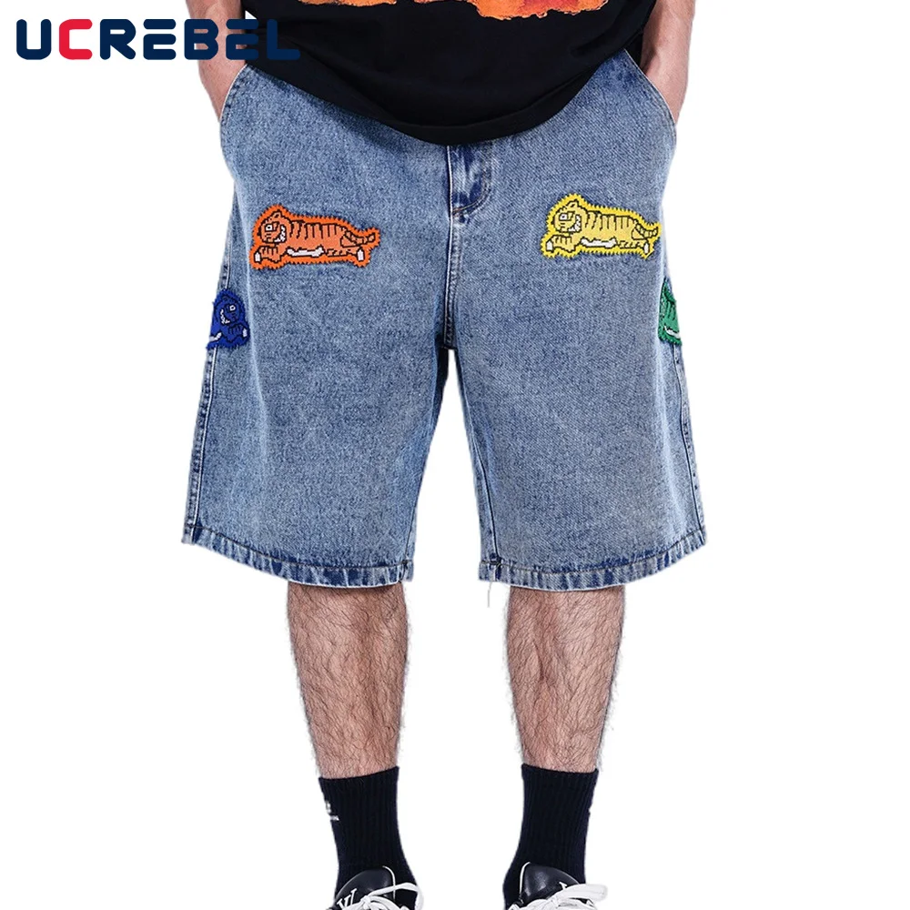 

Animal Embroidery Denim Shorts Mens Summer High Street Patch Casual Shorts Streetwear Short Jeans Knee-length Shorts Men
