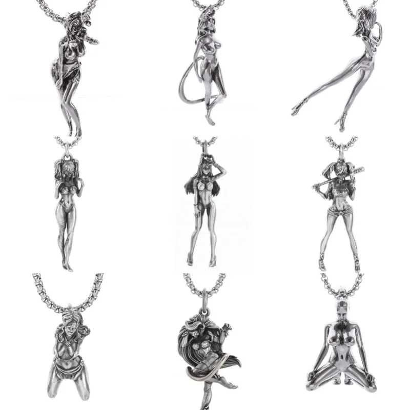 

Fashion Trend Teen Vintage Silver Color Baseball Player Girl Statue Pendant Necklace Personalized Street Sweater Necklace