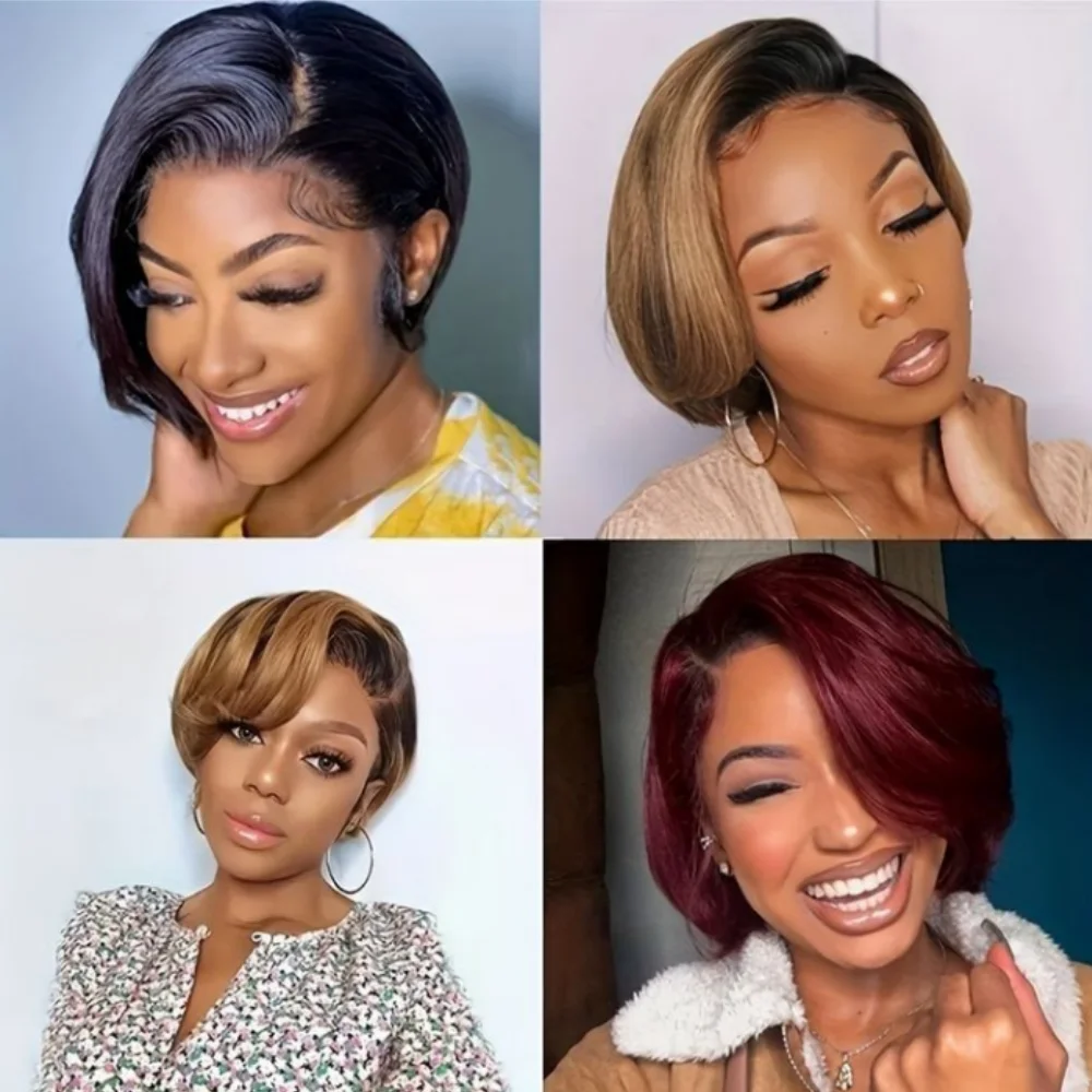 Фото Парик Pixie Cut из натуральных волос, прямой, полностью машинной работы, короткий, натурального цвета, для женщин, с боковым пробором, плотность 200% №5