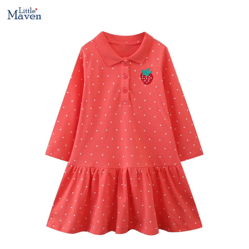 Детское Хлопковое платье-поло Little maven с длинным рукавом рисунком клубники