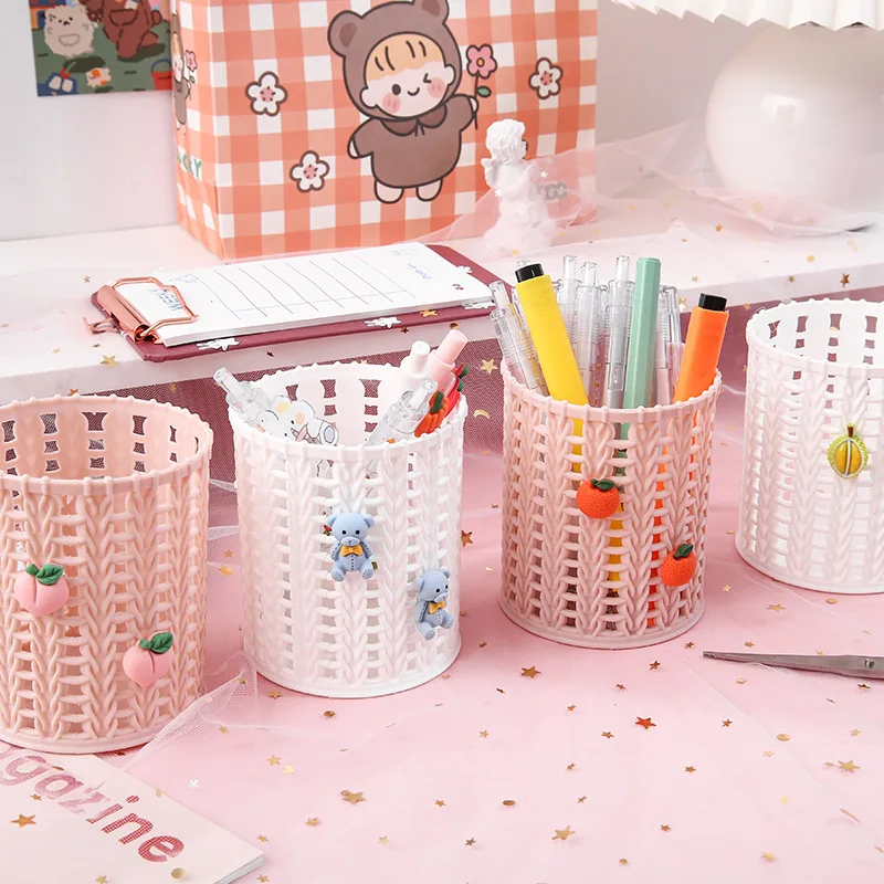 

Kawaii Plastic Creative Desk Organizer Round Pen Holder Storage Organizer School Supplies Office Desk Accessories
