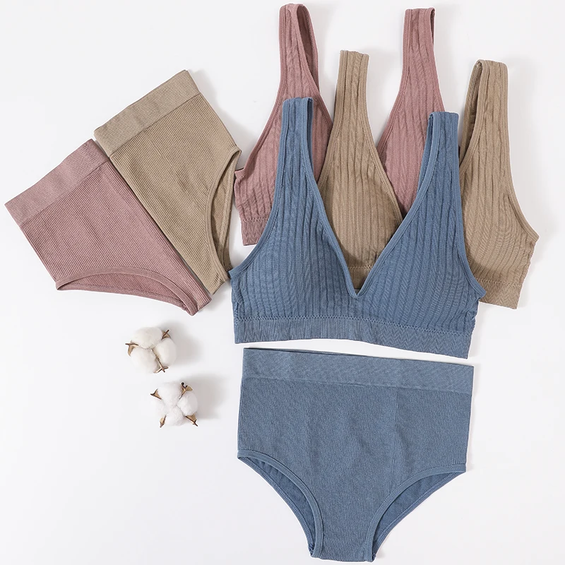 

Women Bra Brief Set Deep V Ribbed Bra Seamless Bralette Sports Crop Top Fitness Underwear Female Sexy Lingerie Fashion Brassiere