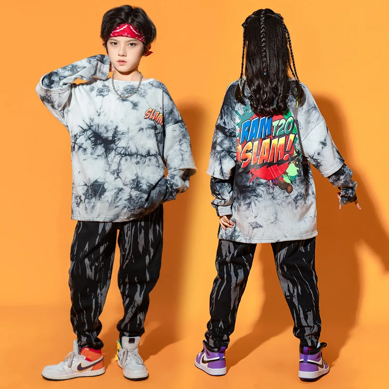 

Teenagers Kpop Hip Hop Clothing Tie Dye Sweatshirt Print Top Black Pants Kids Streetwear Girl Boy Jazz Dance Costume Spring Fall
